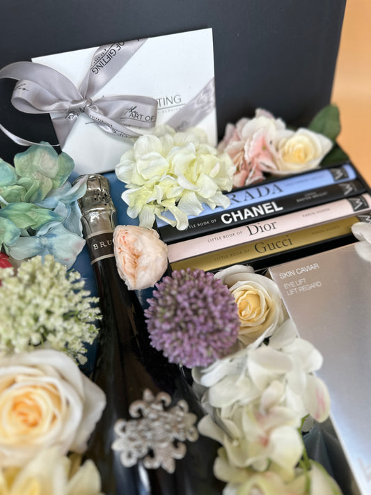 Gift with flowers and PRADA CHANEL DIOR GUCCI books