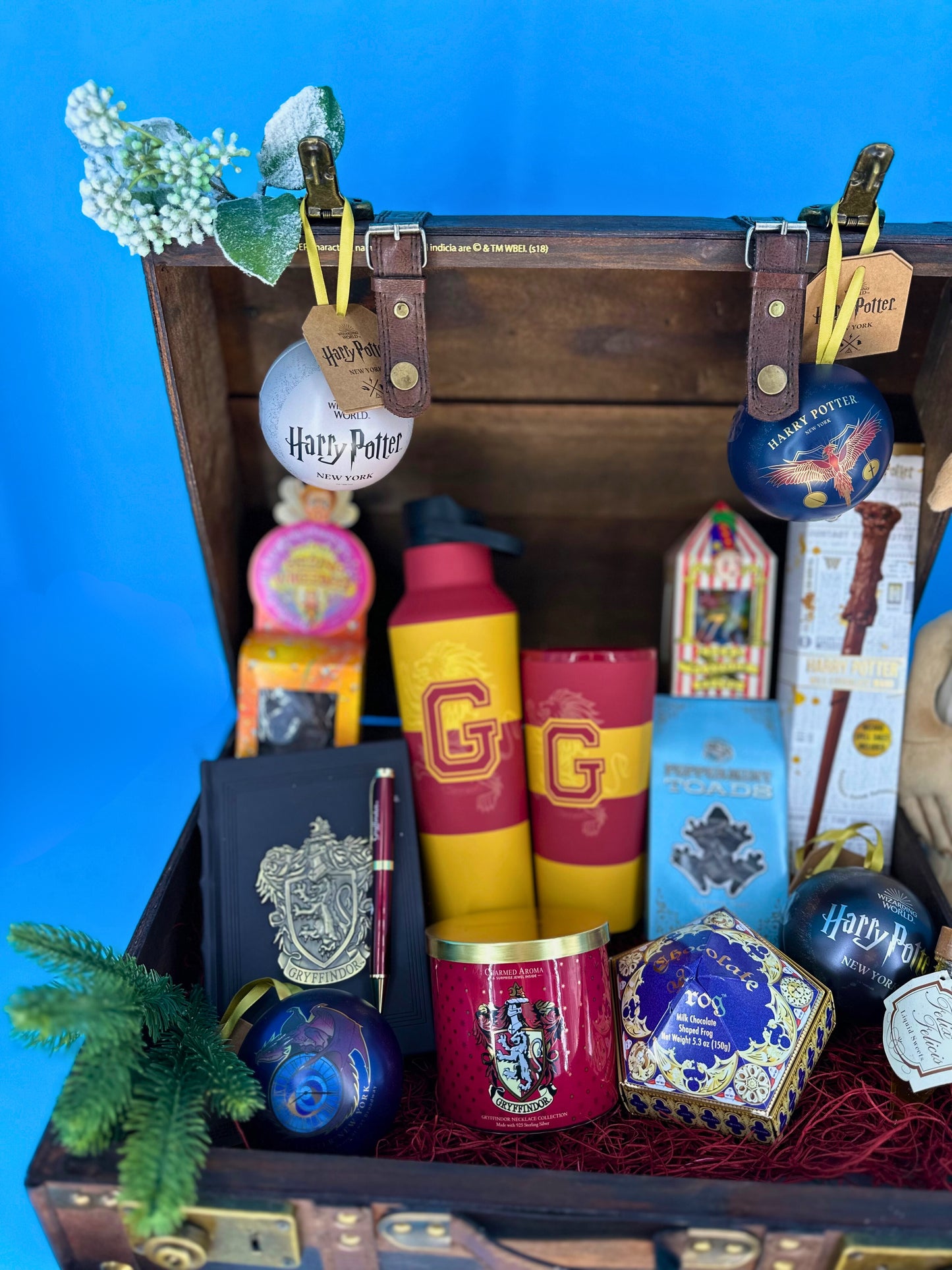 Harry Potter suitcase, Gryffindor notebook, Gryffindor Corkcircle sport bottle and tumbler.