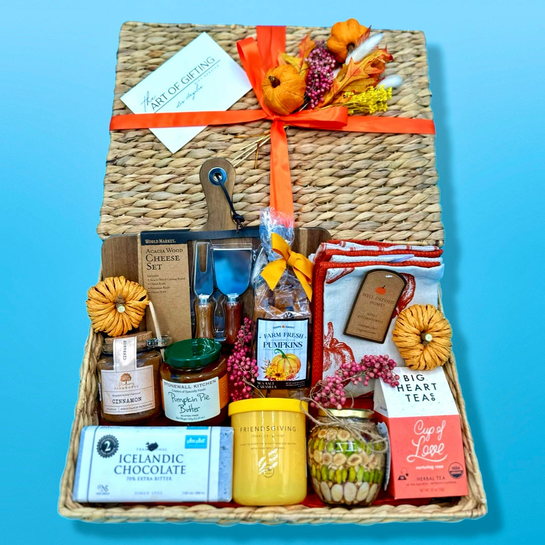 Thanksgiving food basket in rottan tray and fall decor