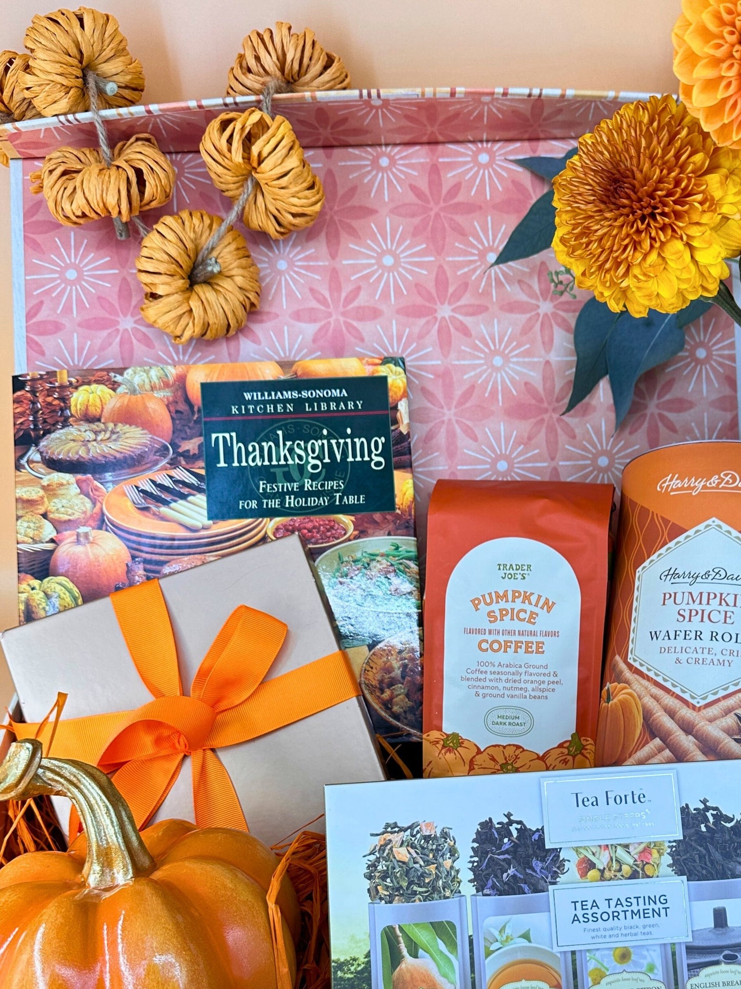 Thanksgiving fall gift basket with tea pumpkin treats and thanksgiving book