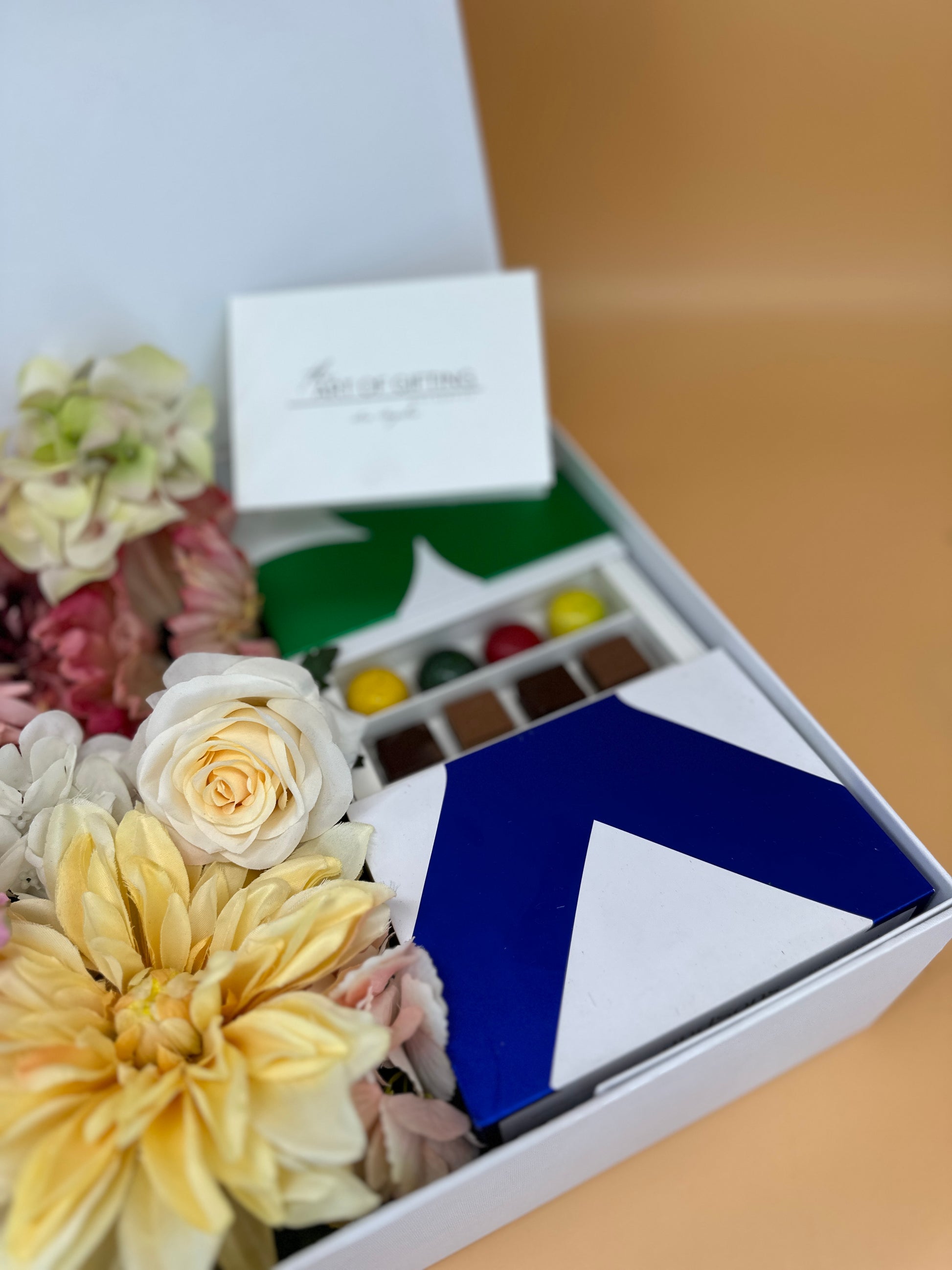 Gift set with andSons Chocolates and fresh flowers