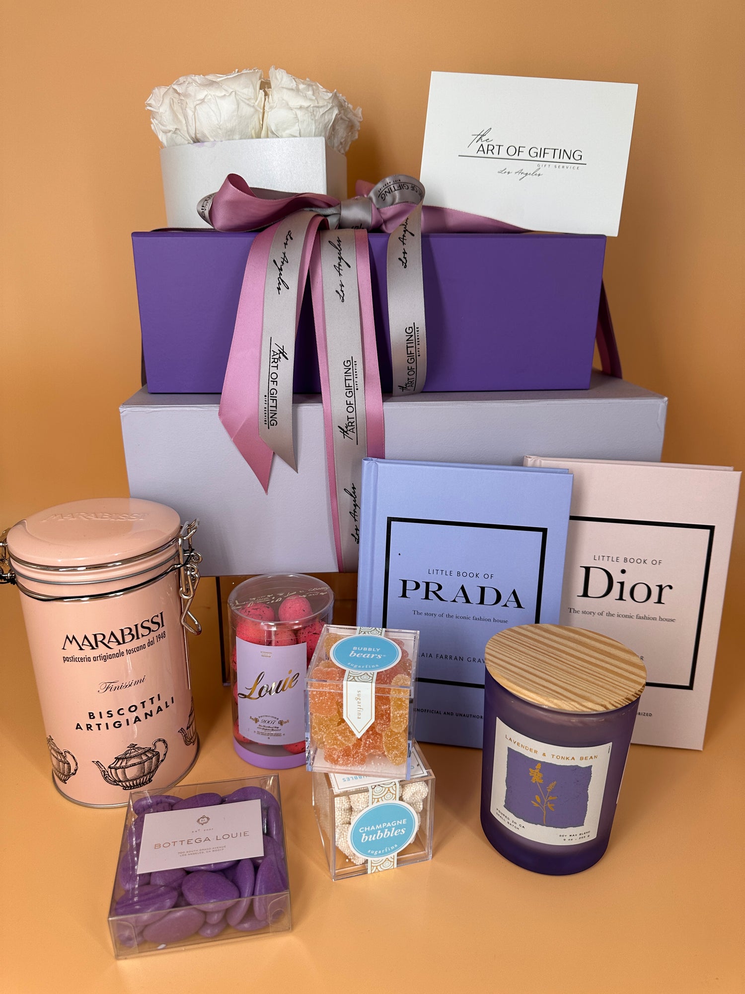 Lavender colors gift set with sweet treats, long lasting roses and books
