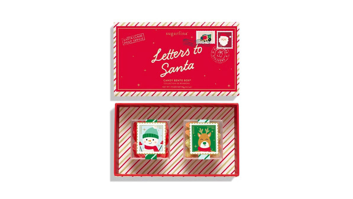 Set of 'Letters to Santa' cards in a red box with candy cane stripes on a white background.