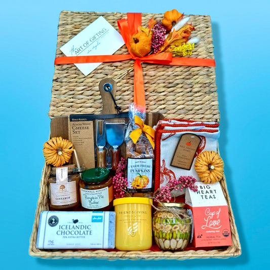 Thanksgiving food basket in rottan tray and fall decor